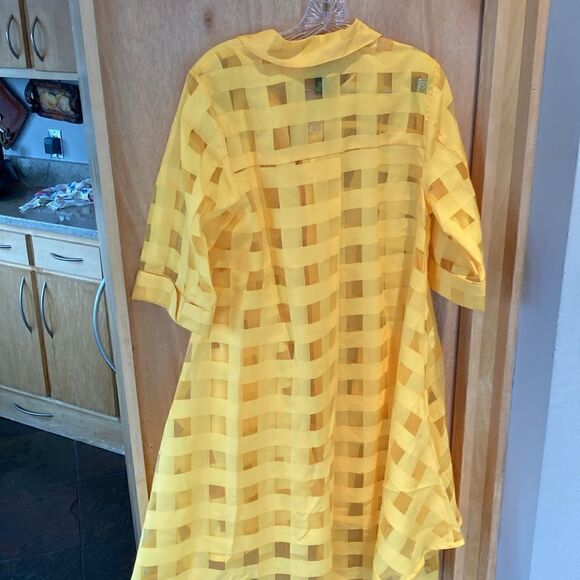 Ashro Duster Blouse sheer contrast gridded pockets button down Top Yellow size M - Picture 8 of 12